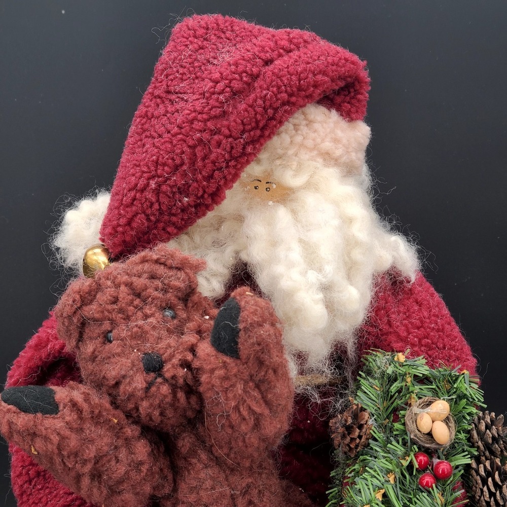 Primitive Cloth 28" Santa Claus & Teddy Bear Soft Christmas Figure, Shelf Sitter - Picture 2 of 13